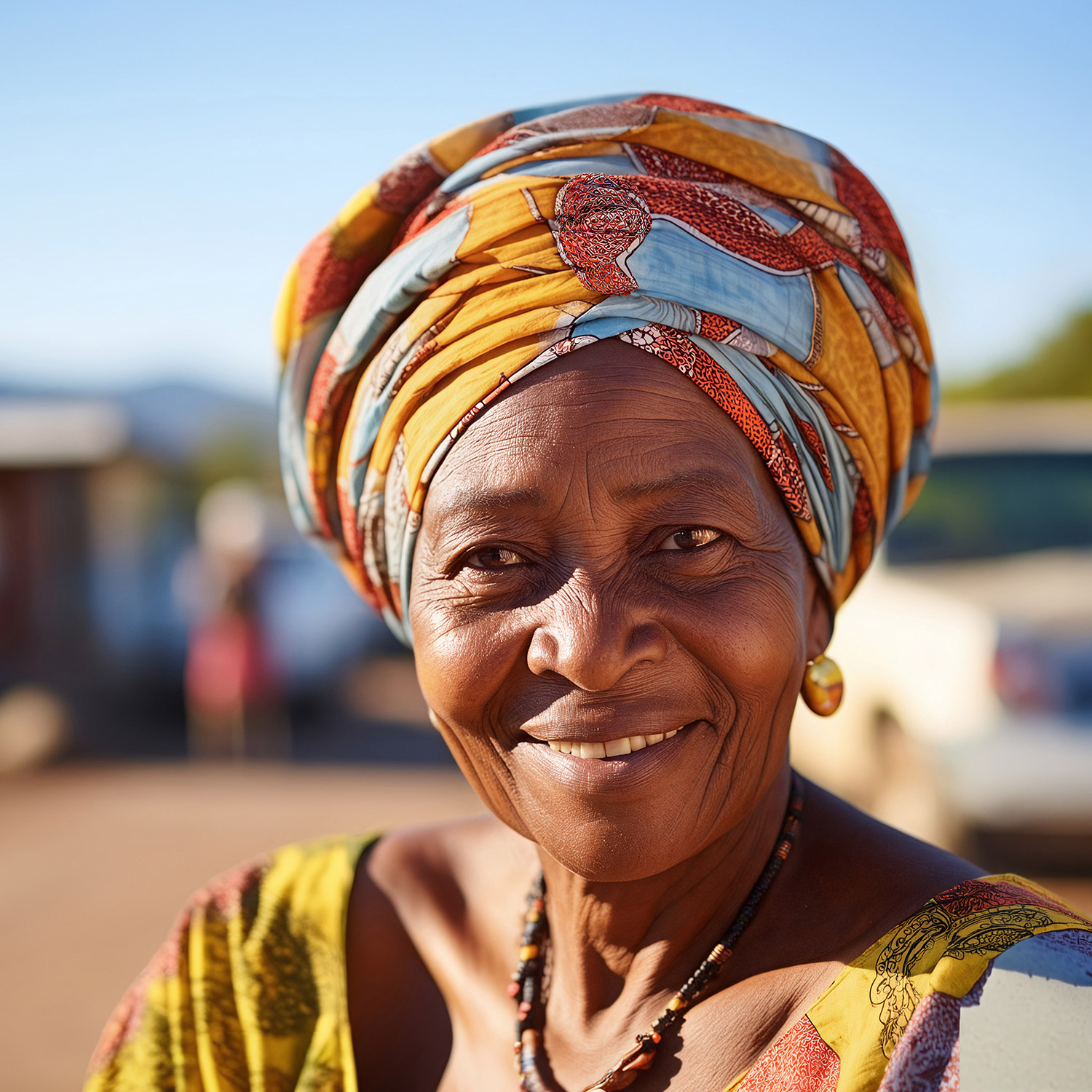 Portrait of a smiling woman wearing a colourful patterned headwrap